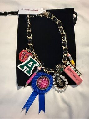 Betsey Johnson Gold Chain Charm Necklace with Blue Ribbon and Pink Accents